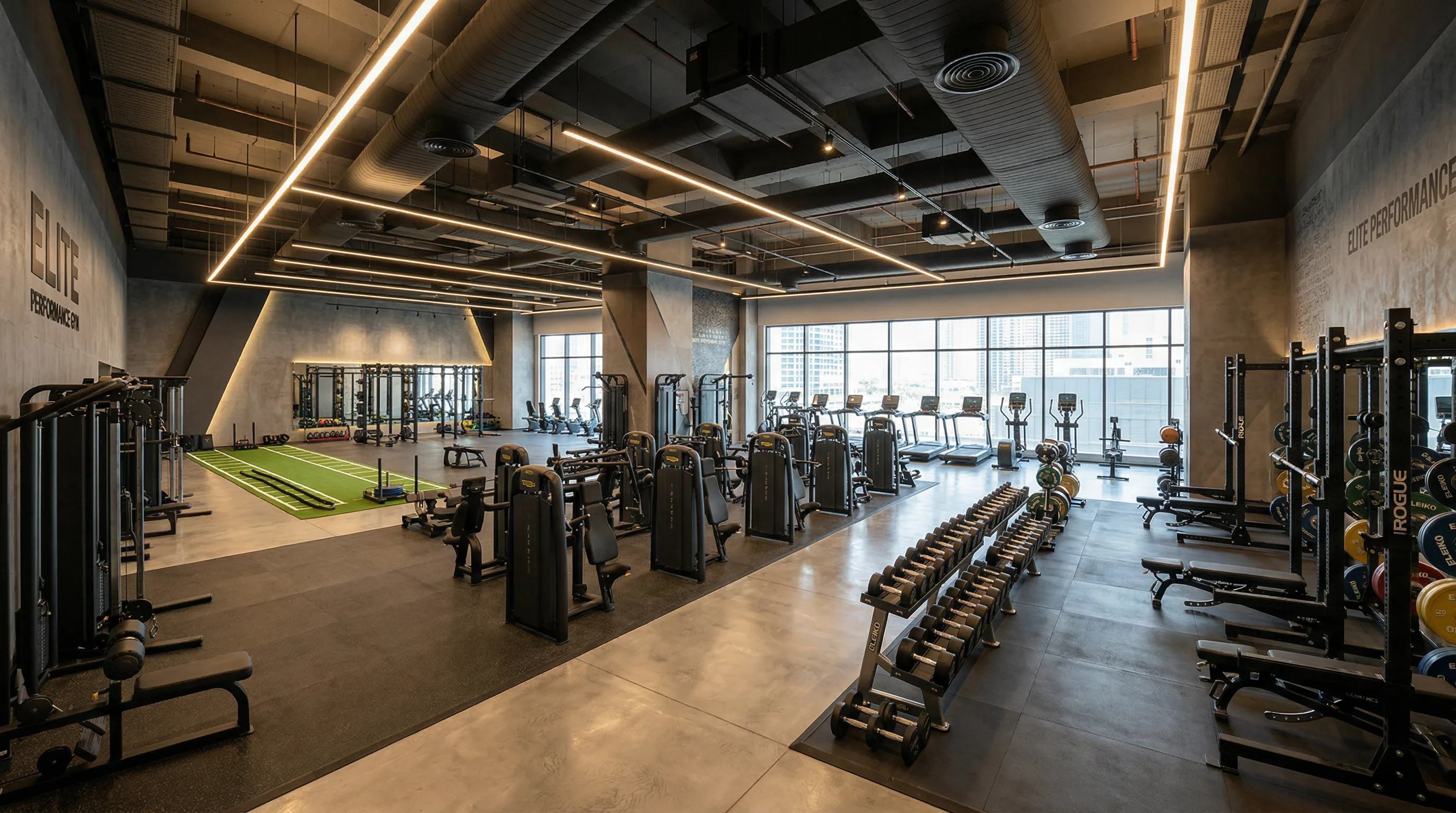 FitPower gym interior with premium equipment and training zones